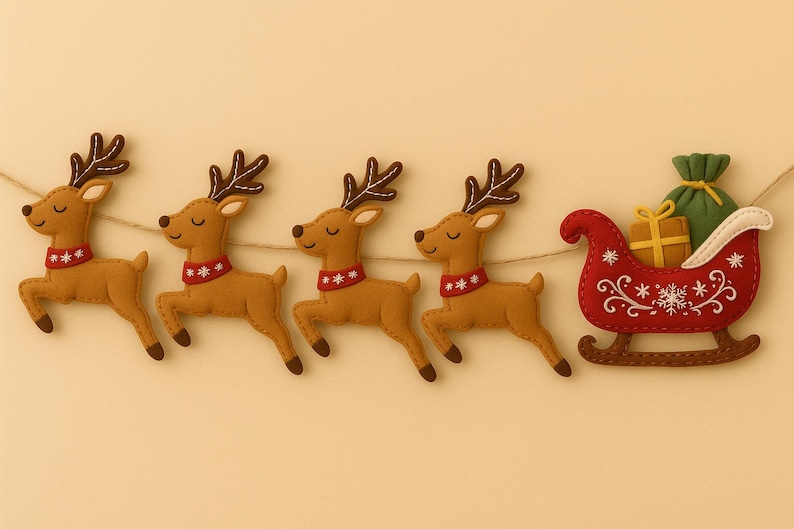 May include: A festive Christmas garland featuring four brown reindeer with red and white collars, and a red sleigh filled with gifts. The reindeer have brown antlers and are strung on a thin twine against a light yellow background.