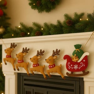 May include: A festive Christmas garland featuring felt reindeer with red collars and a red sleigh with gifts. The garland is strung across a white mantelpiece, decorated with a green wreath and pine garland.