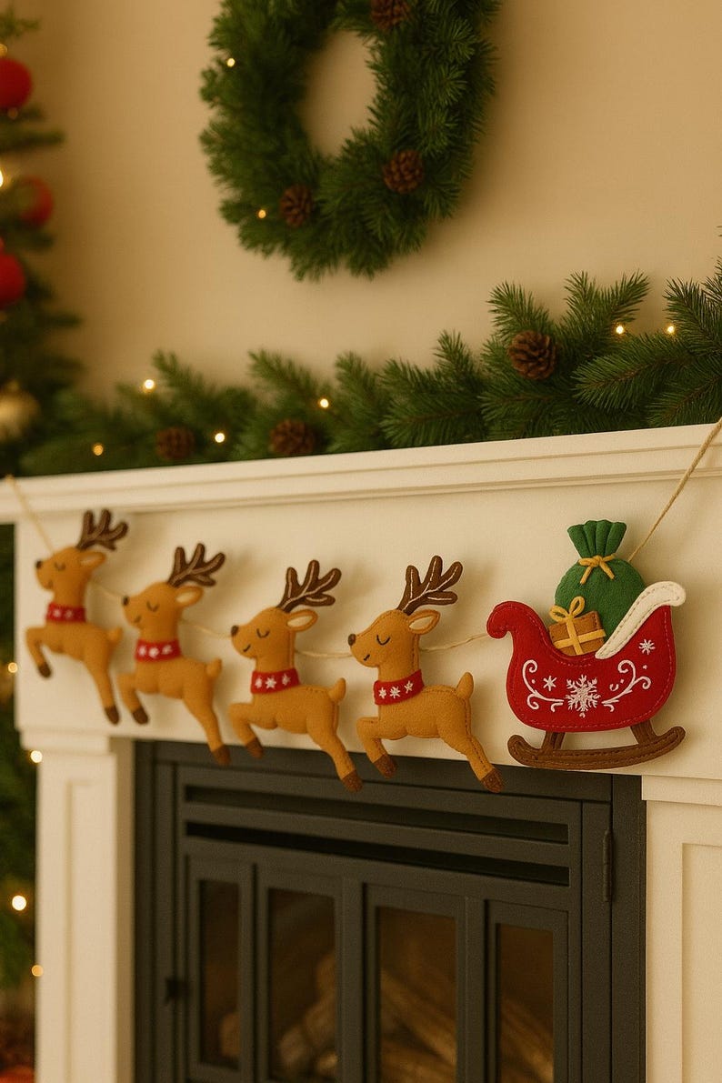 May include: A festive Christmas garland featuring felt reindeer with red collars and a red sleigh with gifts. The garland is strung across a white mantelpiece, decorated with a green wreath and pine garland.