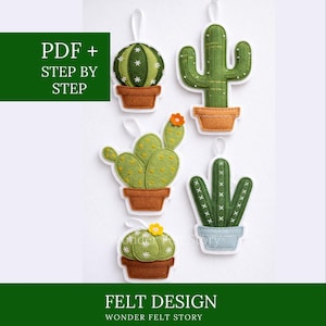 May include: A collection of felt cactus ornaments in various shapes and sizes, each in a terracotta pot. The cacti are green with embroidered details and small flower accents. White ribbon loops are attached for hanging.