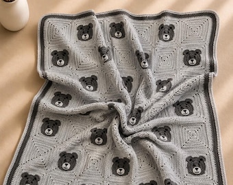 Handmade Crochet Teddy Bear Blanket, Baby Blanket, Granny Square Nursery Blanket, Personalized Baby Gift, Handmade Newborn Gift