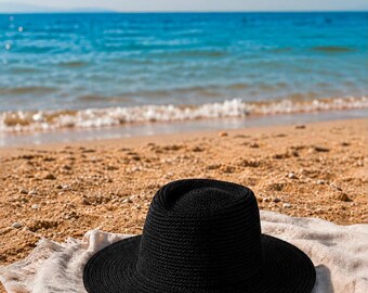 Handmade Black Crochet Sun Hat, Wide Brim Summer Hat, Women’s Beach Hat, Boho Crochet Hat