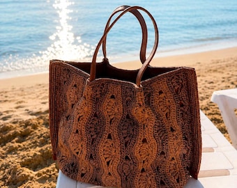 Handmade Crochet Tote Bag, Brown Raffia Beach Bag, Boho Summer Shoulder Bag, Large Woven Tote