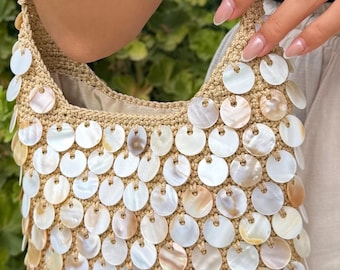 Crochet Shell Bag, Mother of Pearl Handbag, Bamboo Handle Crochet Purse, Handmade Boho Bag, Beach Summer Bag