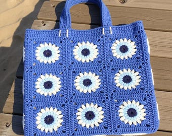 Crochet Granny Square Bag with Evil Eye Beads | Boho Beach Shoulder Bag