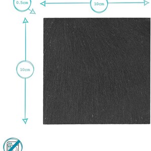 May include: A square black slate coaster with a textured surface. Technical diagrams indicate dimensions of 10 cm by 10 cm with a depth of 0.5 cm. A circular icon with a crossed-out dishwasher symbol and the text Hand Wash Only is included.