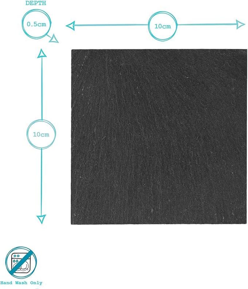 May include: A square black slate coaster with a textured surface. Technical diagrams indicate dimensions of 10 cm by 10 cm with a depth of 0.5 cm. A circular icon with a crossed-out dishwasher symbol and the text Hand Wash Only is included.