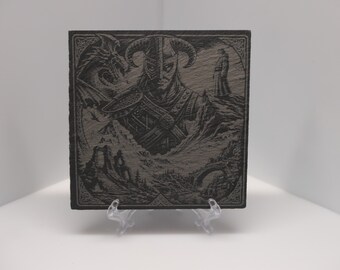 Posavasos de pizarra grabado con láser inspirado en Skyrim