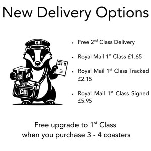 May include: A black and white graphic illustration of a badger wearing a cap and carrying a satchel, a box, and an envelope, all marked with the letters CB. The text reads New Delivery Options, Free 2nd Class Delivery, Royal Mail 1st Class, and more.