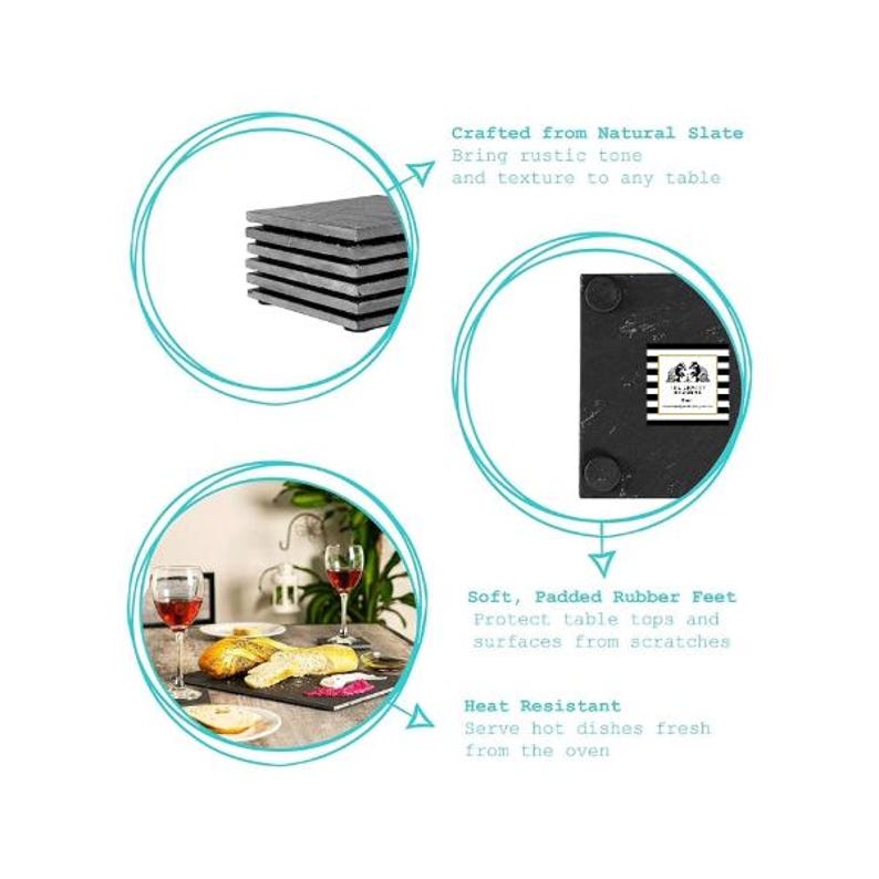 May include: A set of dark grey square slate coasters with a textured surface. The coasters feature soft, padded rubber feet on the underside to protect surfaces. The set is heat resistant and shown in use with wine glasses and food on a table.