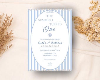 The Summer I Turned One Invitation | Beach First Birthday Invitation | Blue Seashell Summer Birthday | Digital Download