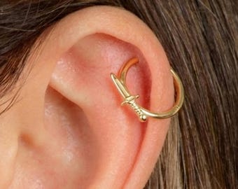14k Solid Gold Sword Hoop Septum Ring, Cartilage Piercing Earring