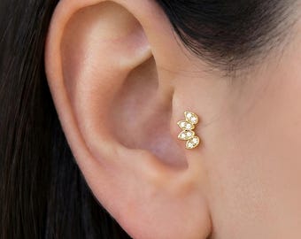 14k Solid Gold Marquise Leaf Cartilage Earring, Lotus Helix Piercing