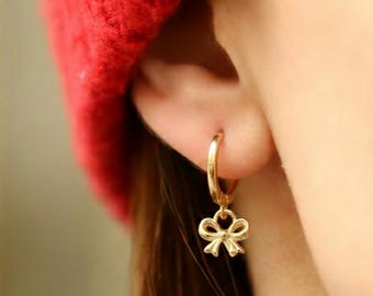 14k Solid Gold Bow Dangle Earrings