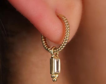 14k Solid Gold Baguette CZ Dangle Huggie Earrings