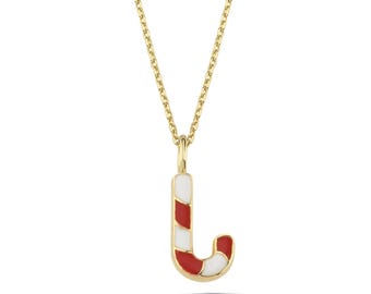 14k Solid Gold Christmas Gift Necklace, Candy Cane Pendant