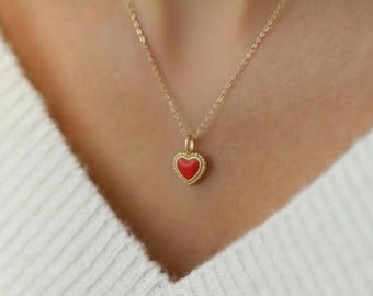 14k Solid Gold Red Heart Pendant Necklace