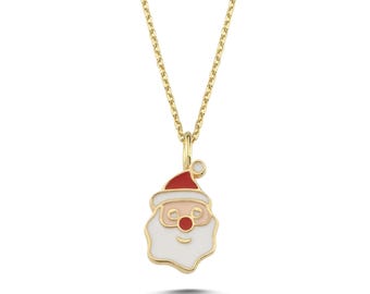 14k Gold Santa Necklace, Christmas Gift for Daughter, Enamel Holiday Jewelry