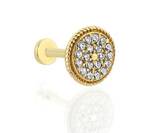 14K Gold Flatback Round Piercing with CZ
