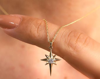 14k Solid Gold North Star Necklace, CZ Star Pendant
