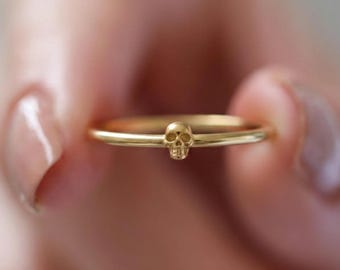 14k Solid Gold Skull Ring, Dainty Gothic Jewelry