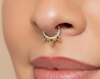 14k Solid Gold Dainty CZ Septum Ring, Helix Hoop Earring