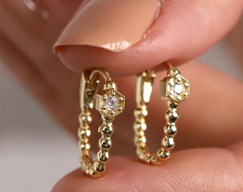 14k Solid Gold Beaded Hoop Earrings, Zircon Huggies