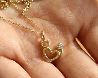 14k Solid Gold Cat Heart Pendant, Love Necklace for Pet Lover