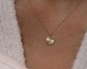 14k Solid Gold Sunburst Disc Necklace