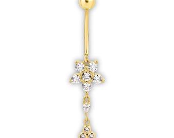 14k Solid Gold Flower Dangle Belly Ring with Clear CZ Stones
