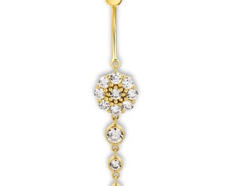 14k Solid Gold Dangling Flower Belly Ring, Dainty Drop Navel Jewelry