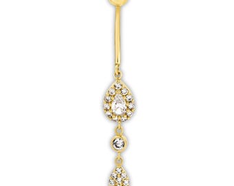 14K Solid Gold Dangle Belly Ring with CZ – Teardrop Navel Piercing