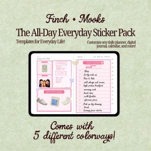 May include: A digital planner displayed on a tablet, featuring a pink and white design with the text "The All-Day Everyday Sticker Pack." The screen shows daily schedules, mini vision boards, and the text "Comes with 5 different colorways!"