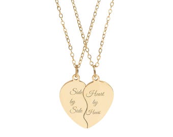 Set met gegraveerde uit elkaar vallende hartkettingen, hangende kettingen | Bijpassend gespleten hart