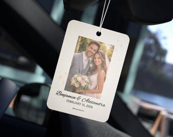 Gepersonaliseerde trouwfoto auto luchtverfrisser | Aangepaste namen en datum