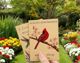 Cardinal Funeral Favors, Personalized Memorial Seed Packets, Wildflower Favors for Remembering Loved Ones