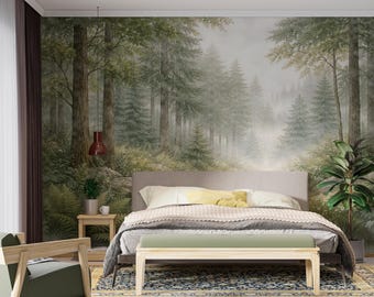 Misty Green Forest Soft Watercolor Woodland Wallpaper Peel and Stick