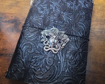 Medusa-Size A5-Handmade Refillable Leather Journal Cover. Trifold-Black Embossed.