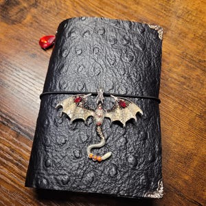 May include: Black leather journal with a dragon embellishment. The journal has a textured surface and silver corner protectors. A silver dragon with red and orange accents is wrapped around the journal with a black elastic band. A red gem hangs from the journal's spine.