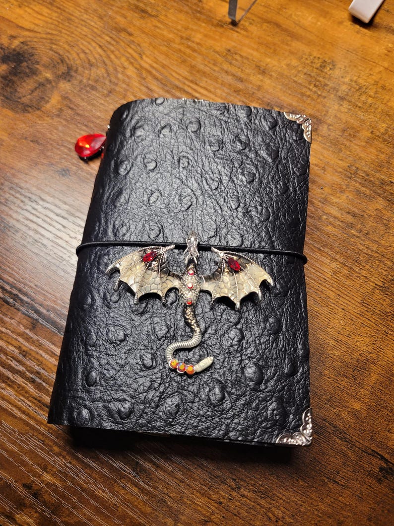 May include: Black leather journal with a dragon embellishment. The journal has a textured surface and silver corner protectors. A silver dragon with red and orange accents is wrapped around the journal with a black elastic band. A red gem hangs from the journal's spine.