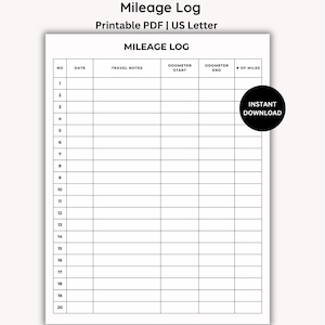 May include: A printable mileage log on US Letter paper. The black and white document includes fields for date, travel notes, odometer readings, and miles. The text "Mileage Log" is at the top, with "Instant Download" on a black circle.