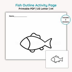 Könnte beinhalten: Eine weiße, bedruckbare Aktivitätsseite mit dem Text "Fish Outline Activity Page" und einer schwarzen Umrisszeichnung eines Fisches. Enthält eine kleinere Version des Fischumrisses und Platz für einen Namen.