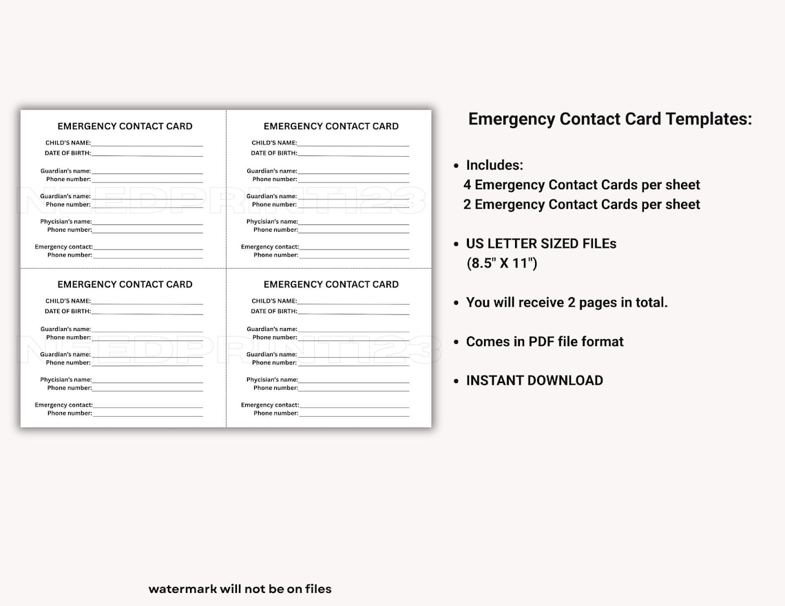 Emergency Contact Cards Printable Templates: Instant Download, PDF, US ...