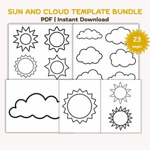 以下が含まれることがあります： 白黒の太陽と雲のテンプレートのコレクション。「SUN AND CLOUD TEMPLATE BUNDLE PDF | Instant Download」のテキストが上部にあります。金色のスターバーストグラフィックは「23ページ」を示しています。