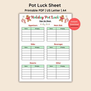 May include: A printable Holiday Pot Luck sign-up sheet in PDF format for US Letter and A4 sizes. The document features gingerbread men, candy canes, and string lights, with sections for Appetizers, Main Dish, Sides, Beverages, Deserts, and Other.