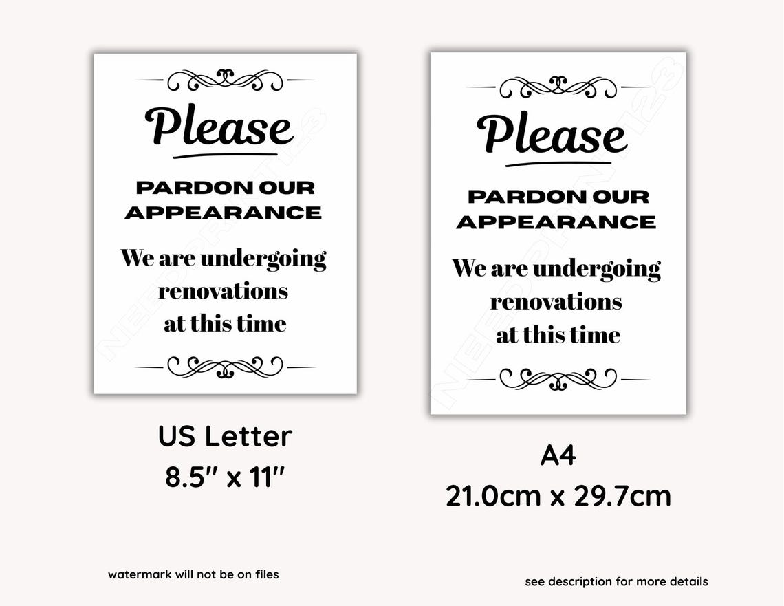 Pardon Our Appearance Printable Sign: Instant Download, A4 & US Letter ...