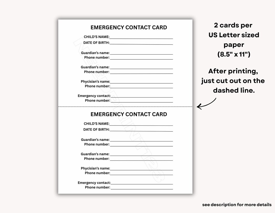 Emergency Contact Cards Printable Templates: Instant Download, PDF, US ...