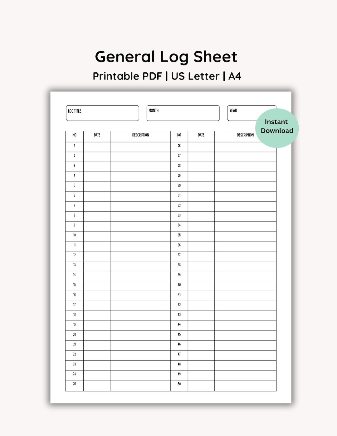 General Log Sheet: Printable PDF (US Letter, A4) - Etsy