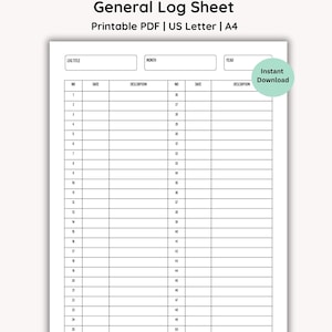 Pode incluir: Uma folha de registro geral imprimível branca com um layout de grade para registrar dados. O documento inclui campos para o título do registro, mês e ano, com linhas numeradas para entradas. O texto "Download instantâneo" está em um círculo verde.