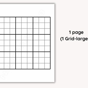 May include: A white sheet of paper with a black grid pattern, designed for a Sudoku puzzle. The text "1 page (1 Grid-largest)" is printed on the right side of the paper. The grid is divided into smaller squares.